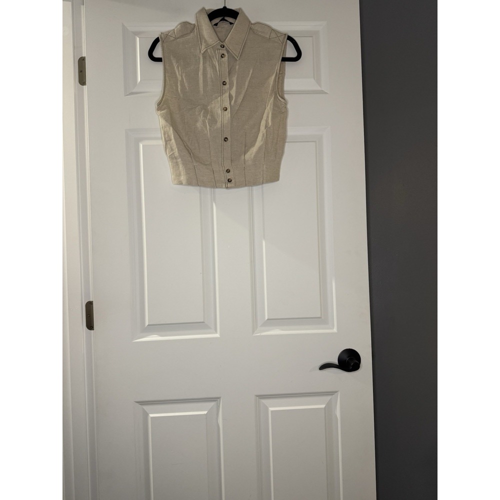 Zara Sleeveless Linen Top With Topstitching Button Up XS Nwt